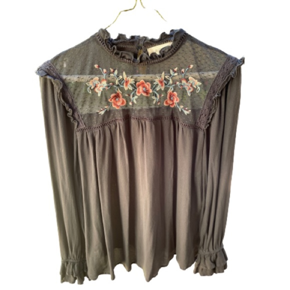 Altar’d State Floral Embroidered Black Lace Boho Blouse- Size Medium